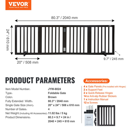 VEVOR 24"x80.3" Free Standing Dog Gate - 4-Panel, Brown