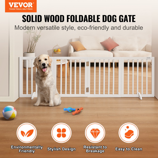 VEVOR 24" x 80.3" Free Standing Dog Gate, 4-Panel, Expandable, White