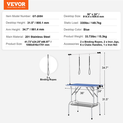 VEVOR 36"x24" Pet Grooming Table, Dual Arms, Foldable, 330lbs Capacity