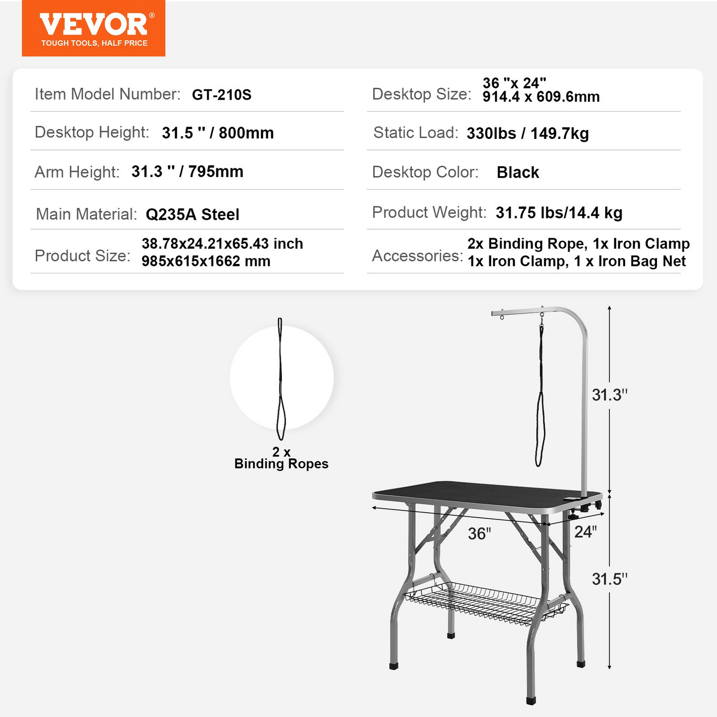 VEVOR 36"x24" Pet Grooming Table with Arm, Foldable, 330lbs Capacity