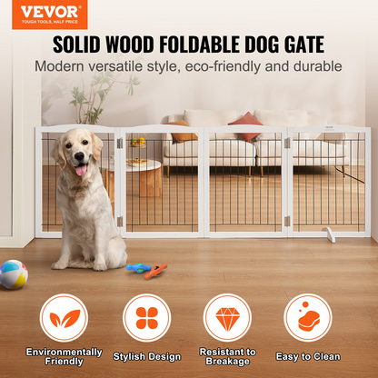 VEVOR 32" x 96.5" Free Standing Dog Gate, 4-Panel, Expandable, White