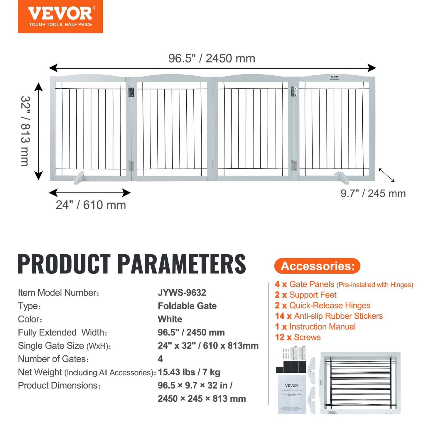 VEVOR 32" x 96.5" Free Standing Dog Gate, 4-Panel, Expandable, White