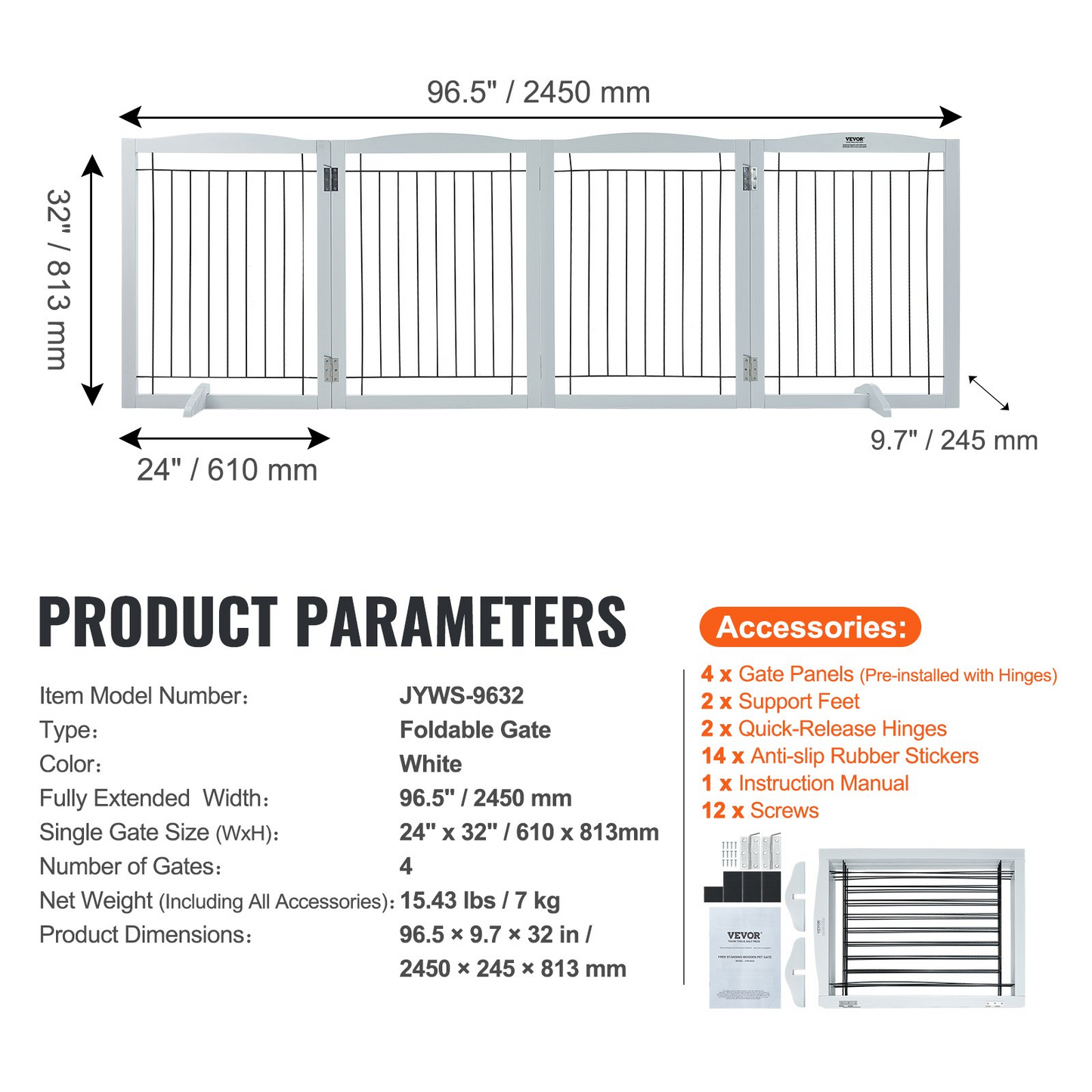 VEVOR 32" x 96.5" Free Standing Dog Gate, 4-Panel, Expandable, White