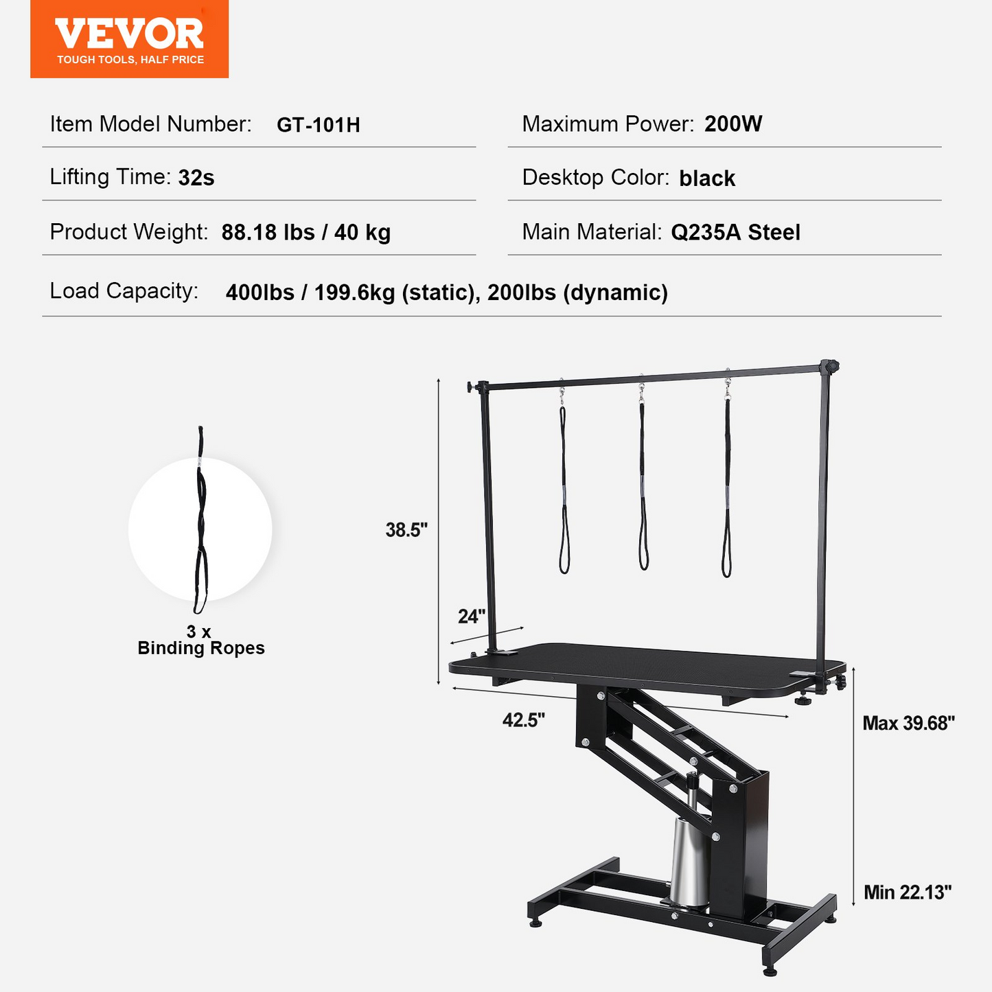 VEVOR 43" Hydraulic Pet Grooming Table, Adjustable for Medium/Small Dogs, 400LBS Max