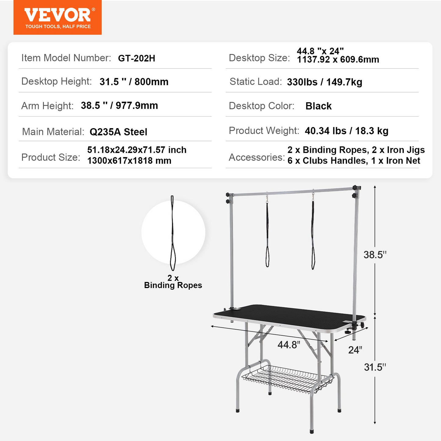 VEVOR 46" Pet Grooming Table with Dual Arms, Foldable, 330lbs Capacity