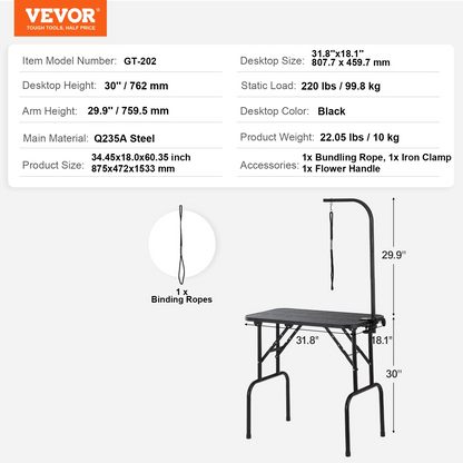 VEVOR 32"x18" Pet Grooming Table with Arm, Foldable, 220lbs Capacity