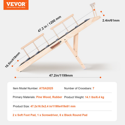 VEVOR Dog Ramp, 47.2" Folding Wooden Pet Ramp, Adjustable for Bed, Sofa, Car