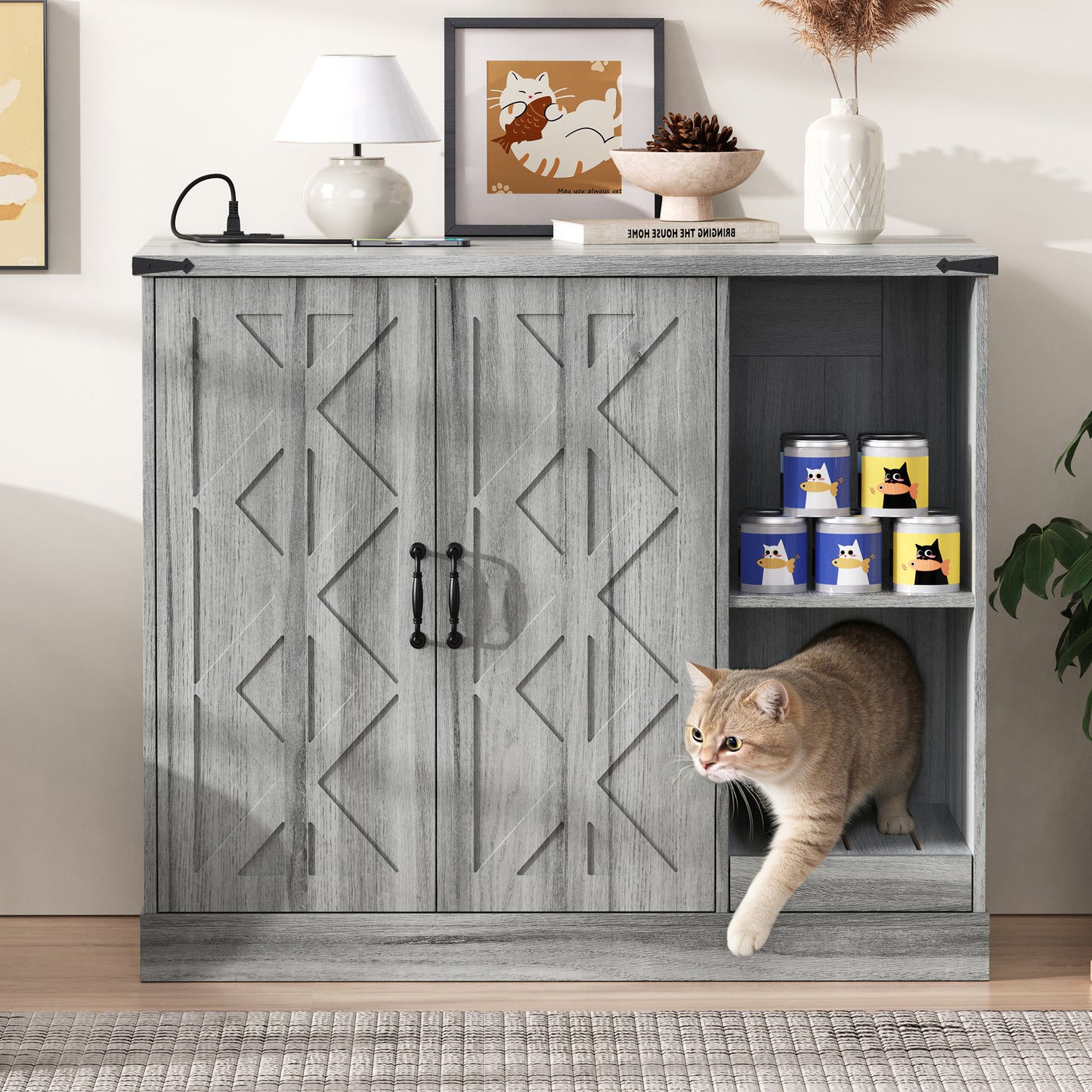 41" Cat Litter Box Cabinet with Power Outlet, Litter Catcher & Storage Shelves – Gray