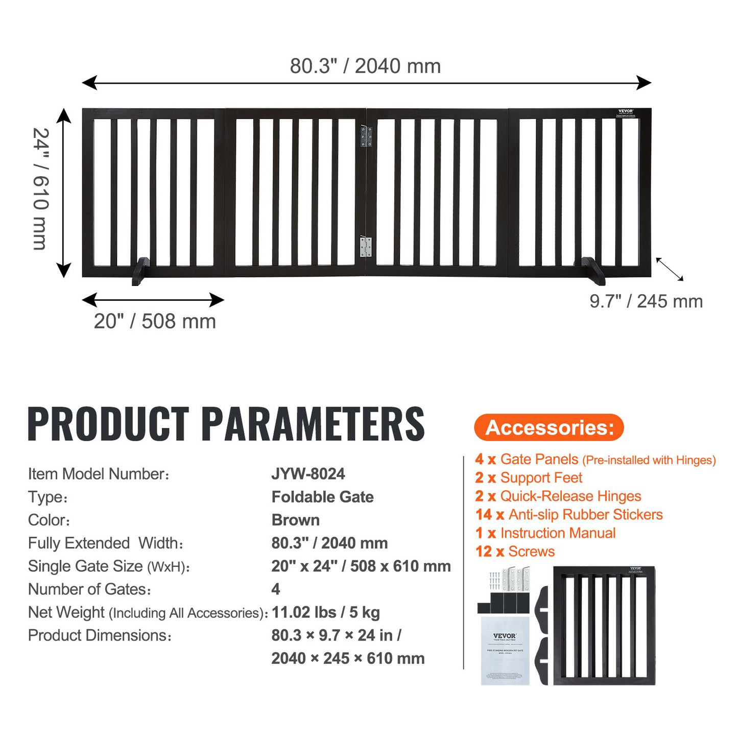 VEVOR 24"x80.3" Free Standing Dog Gate - 4-Panel, Brown