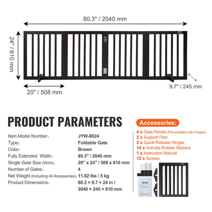 VEVOR 24"x80.3" Free Standing Dog Gate - 4-Panel, Brown