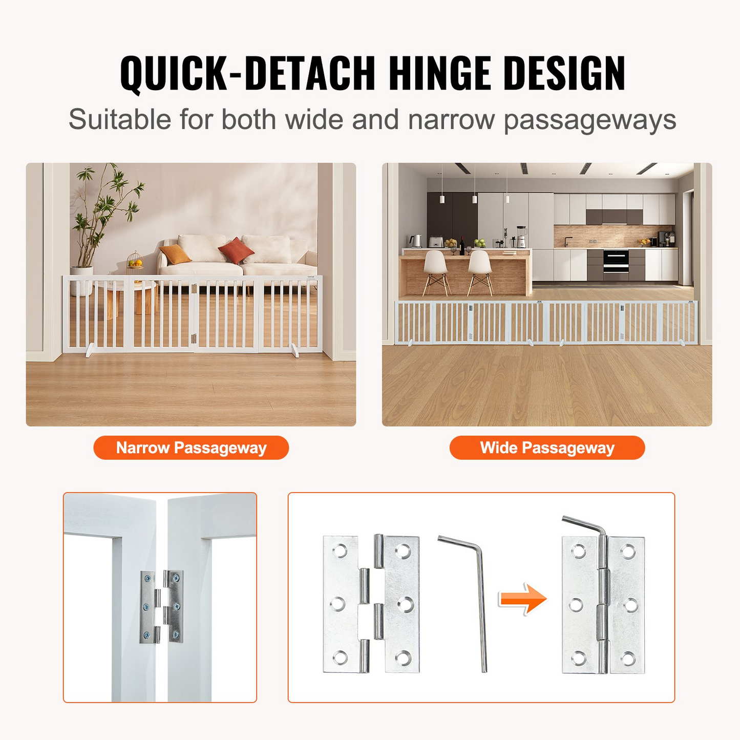 VEVOR 24" x 80.3" Free Standing Dog Gate, 4-Panel, Expandable, White