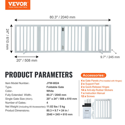 VEVOR 24" x 80.3" Free Standing Dog Gate, 4-Panel, Expandable, White