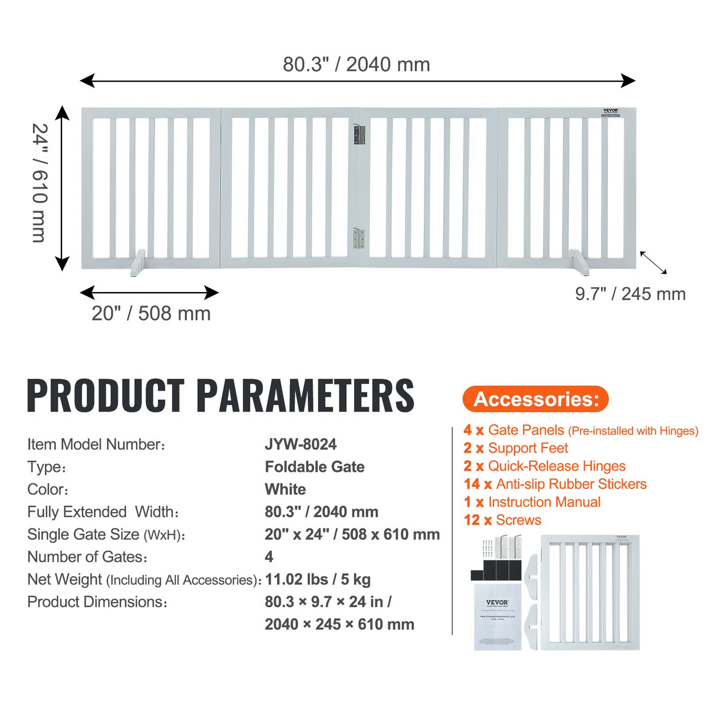 VEVOR 24" x 80.3" Free Standing Dog Gate, 4-Panel, Expandable, White