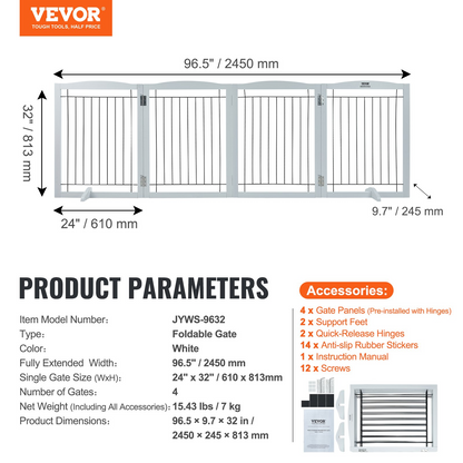 VEVOR 32" x 96.5" Free Standing Dog Gate, 4-Panel, Expandable, White