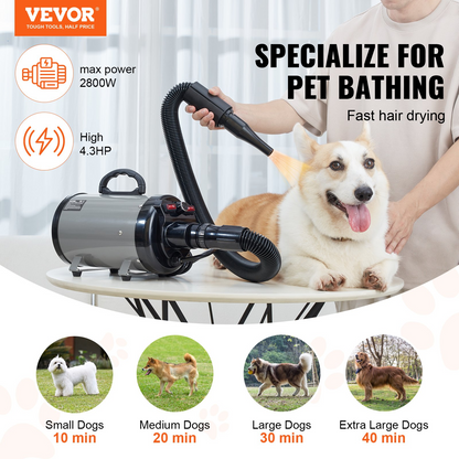 VEVOR 2000W Dog Dryer, 2.7HP, Adjustable Speed/Temperature, Grey/Black