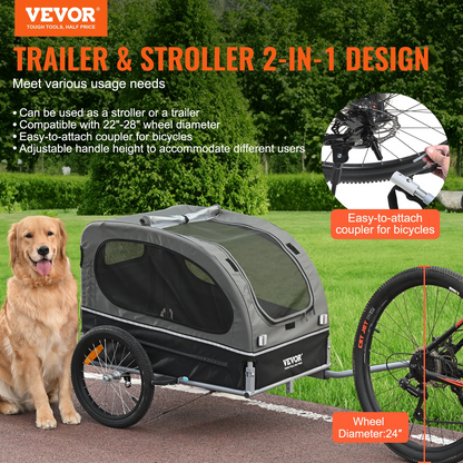 VEVOR Dog Bike Trailer, 88 lbs, 2-in-1 Stroller & Bicycle Carrier, Foldable, Black/Gray