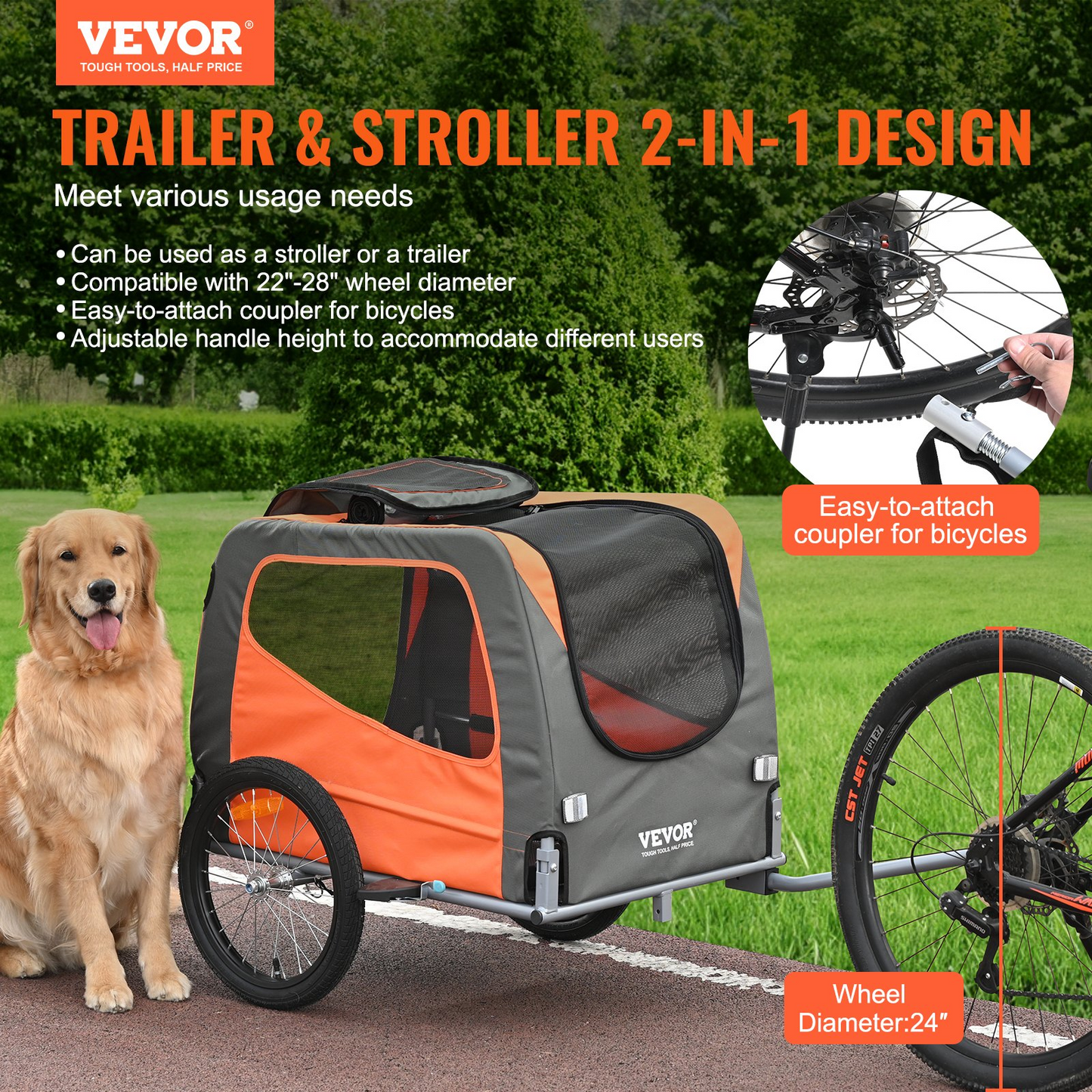 VEVOR Dog Bike Trailer, 66 lbs, 2-in-1 Stroller & Bicycle Carrier, Foldable, Orange/Gray