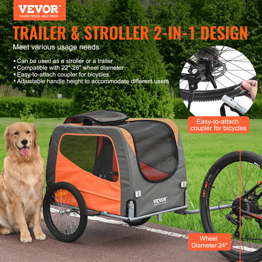 VEVOR Dog Bike Trailer, 66 lbs, 2-in-1 Stroller & Bicycle Carrier, Foldable, Orange/Gray