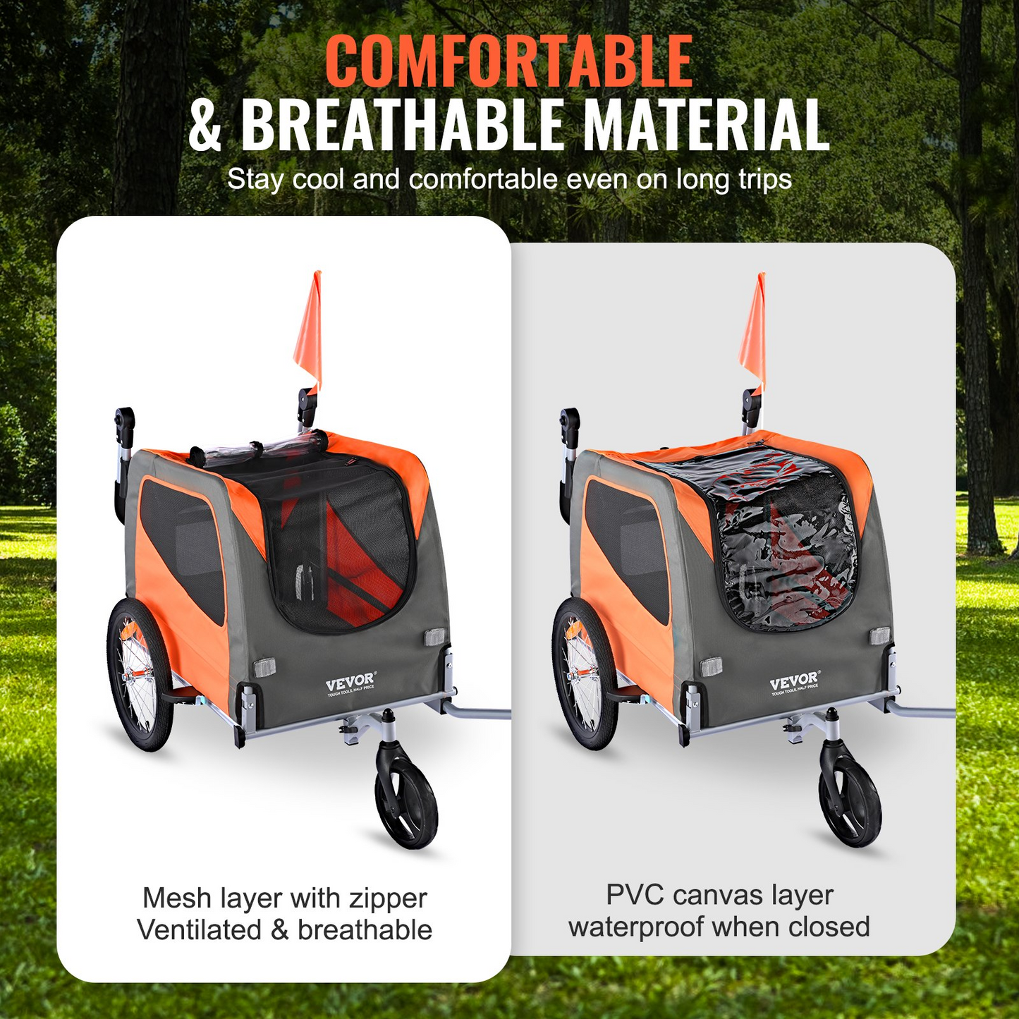 VEVOR Dog Bike Trailer, 66 lbs, 2-in-1 Stroller & Bicycle Carrier, Foldable, Orange/Gray