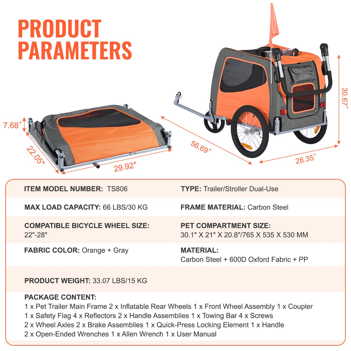 VEVOR Dog Bike Trailer, 66 lbs, 2-in-1 Stroller & Bicycle Carrier, Foldable, Orange/Gray