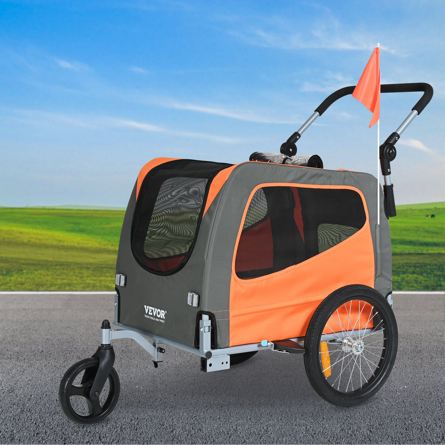 VEVOR Dog Bike Trailer, 66 lbs, 2-in-1 Stroller & Bicycle Carrier, Foldable, Orange/Gray