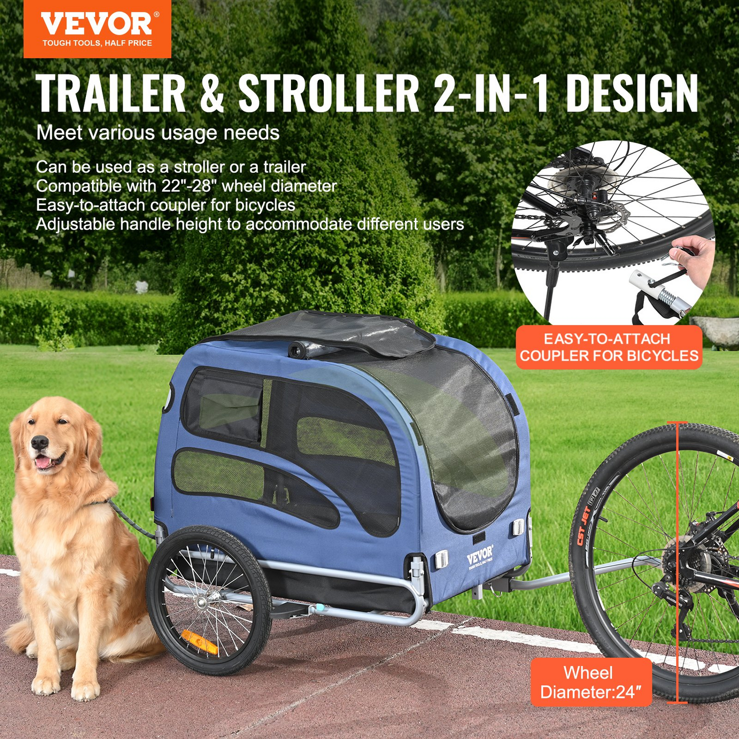 VEVOR Dog Bike Trailer, 100 lbs, 2-in-1 Stroller & Bicycle Carrier, Foldable, Blue/Black