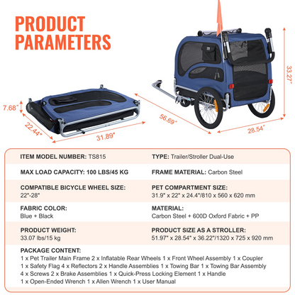 VEVOR Dog Bike Trailer, 100 lbs, 2-in-1 Stroller & Bicycle Carrier, Foldable, Blue/Black