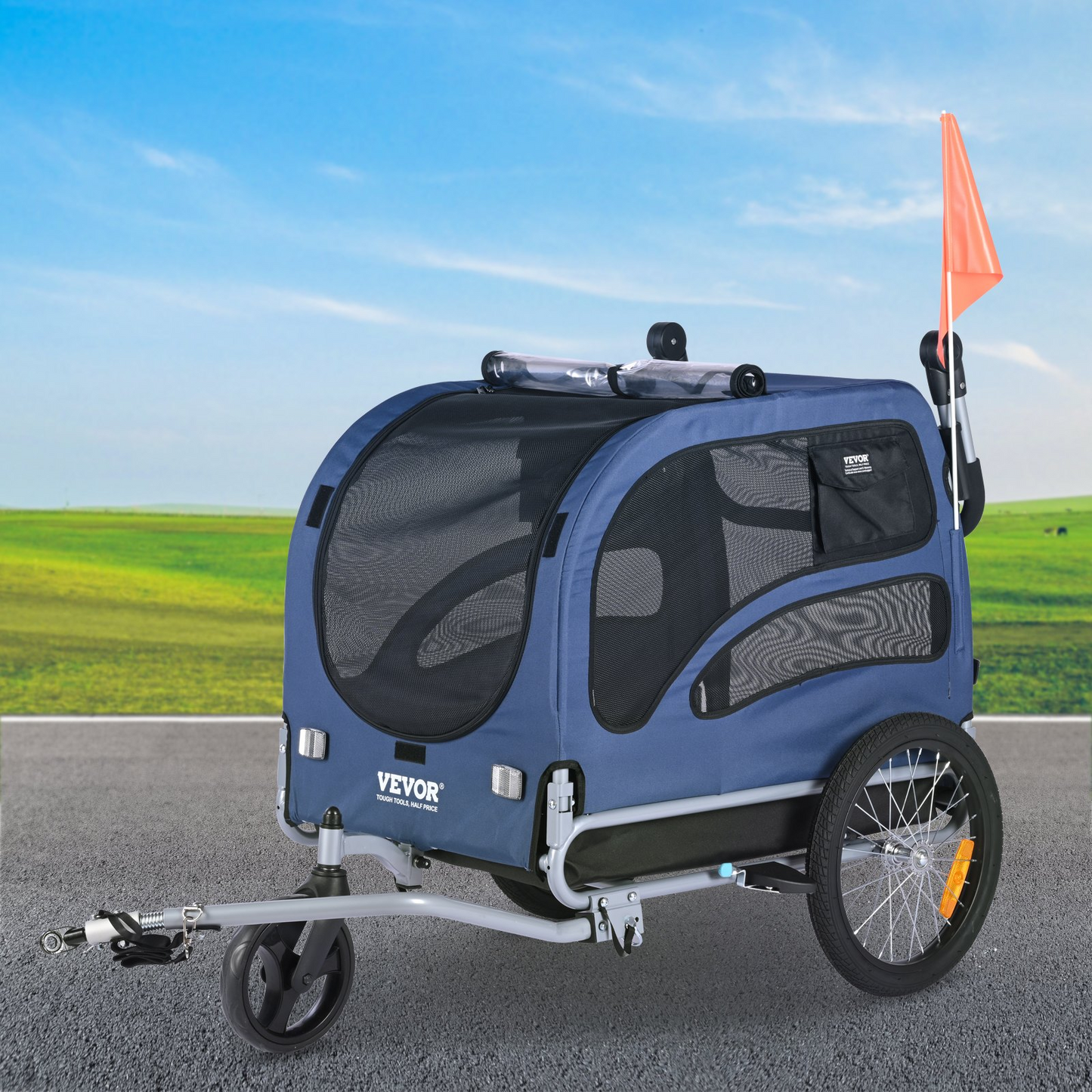 VEVOR Dog Bike Trailer, 100 lbs, 2-in-1 Stroller & Bicycle Carrier, Foldable, Blue/Black