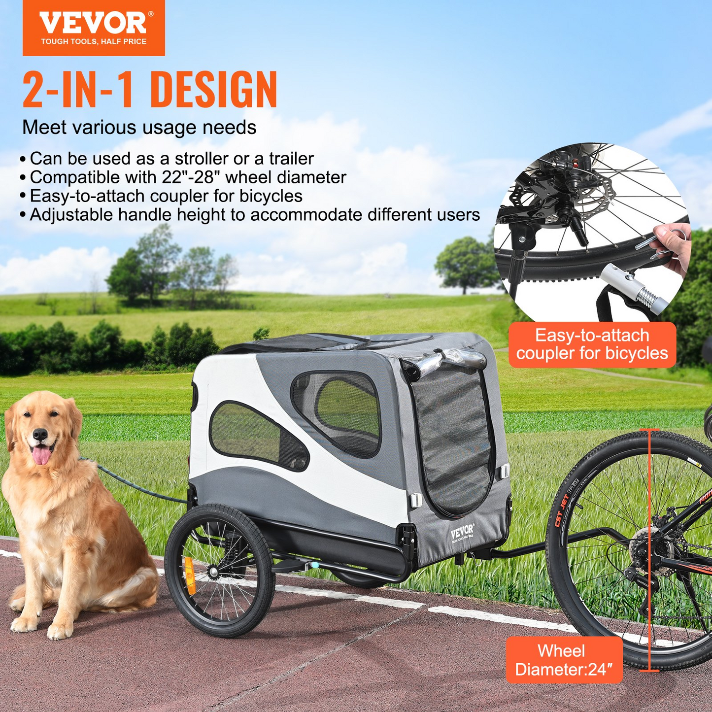 VEVOR Dog Bike Trailer, 100 lbs, 2-in-1 Stroller & Carrier, Black/Gray