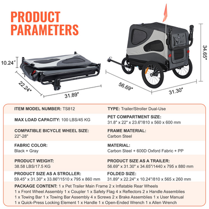 VEVOR Dog Bike Trailer, 100 lbs, 2-in-1 Stroller & Carrier, Black/Gray