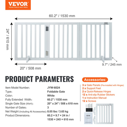 VEVOR 24" H x 60" W Free Standing Dog Gate - 3-Panel, White