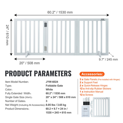 VEVOR 24" H x 60" W Free Standing Dog Gate - 3-Panel, White