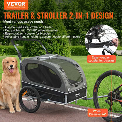 VEVOR Dog Bike Trailer, 88 lbs, 2-in-1 Stroller & Bicycle Carrier, Foldable, Black/Gray