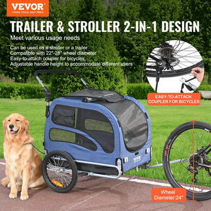 VEVOR Dog Bike Trailer, 100 lbs, 2-in-1 Stroller & Bicycle Carrier, Foldable, Blue/Black