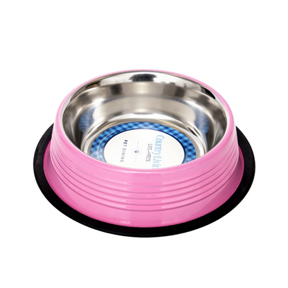 Ribbed No Tip Non Skid Colored Stainless Steel Dog Bowl - Carnation Pink