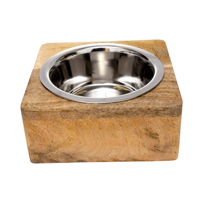 Tazón para perros de acero inoxidable con soporte cuadrado de madera de mango (1 qt) 