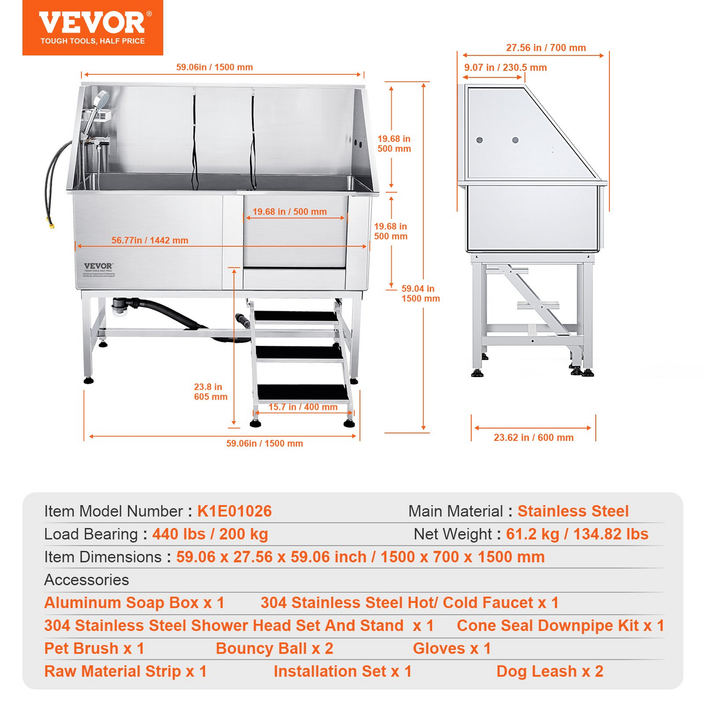 VEVOR 62" Stainless Steel Dog Grooming Tub with Stairs & Accessories (Right)