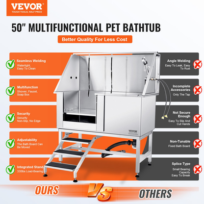 VEVOR 50" Dog Bathing Station, Stainless Tub with Stairs & Accessories, Left