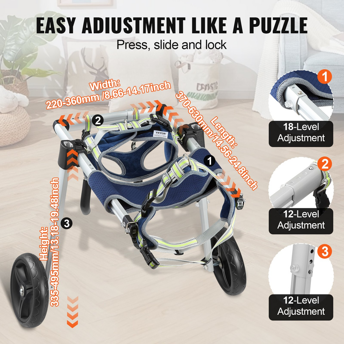 VEVOR Medium Dog Wheelchair, 2-Wheel, Adjustable, Lightweight for Back Legs