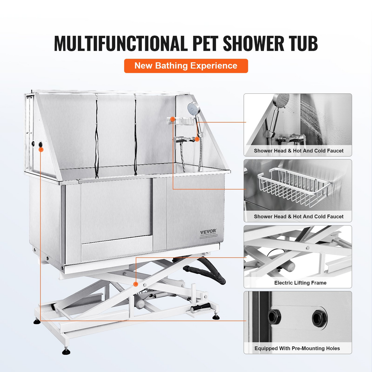 VEVOR 50" Electric Height Adjustable Stainless Steel Dog Grooming Tub