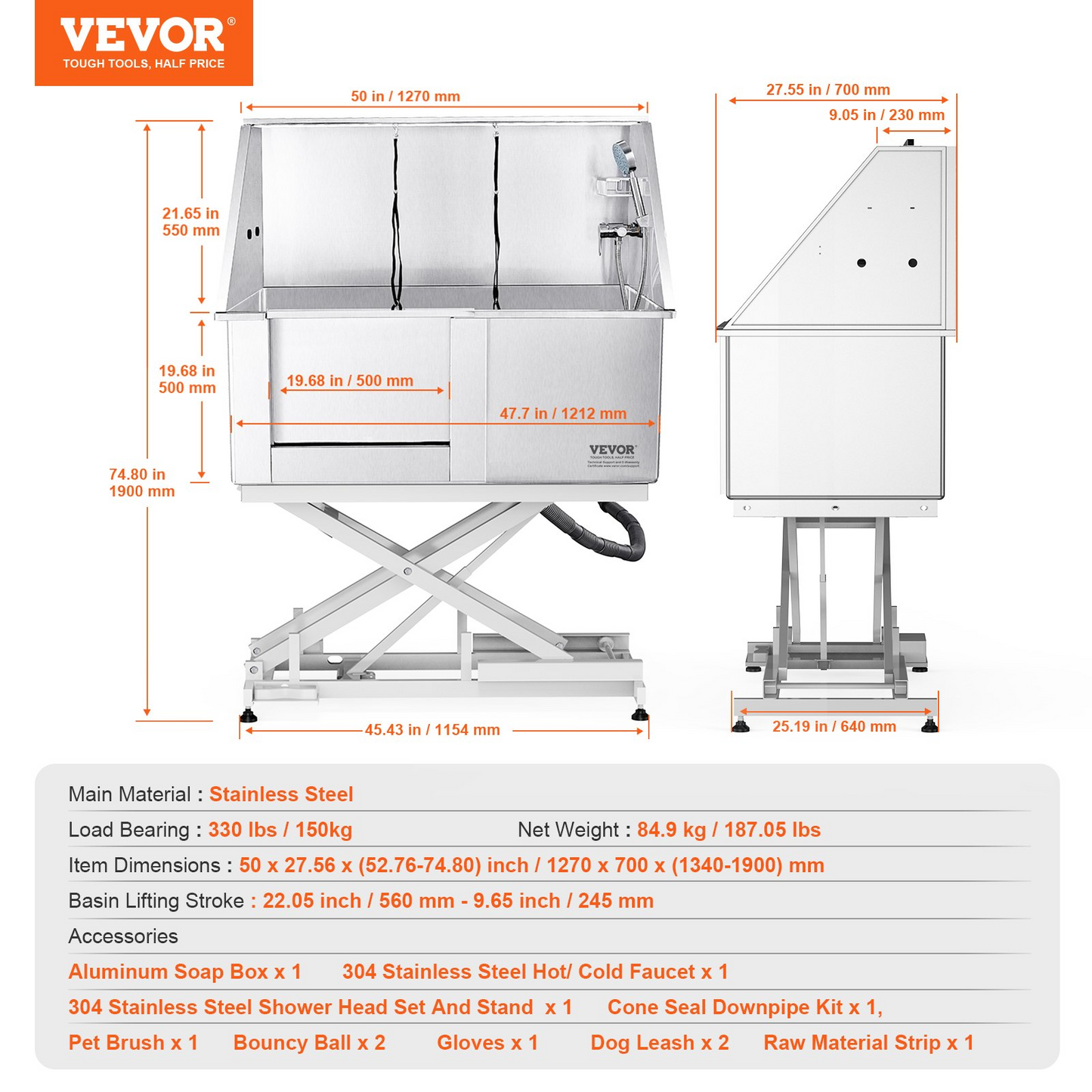 VEVOR 50" Electric Height Adjustable Stainless Steel Dog Grooming Tub