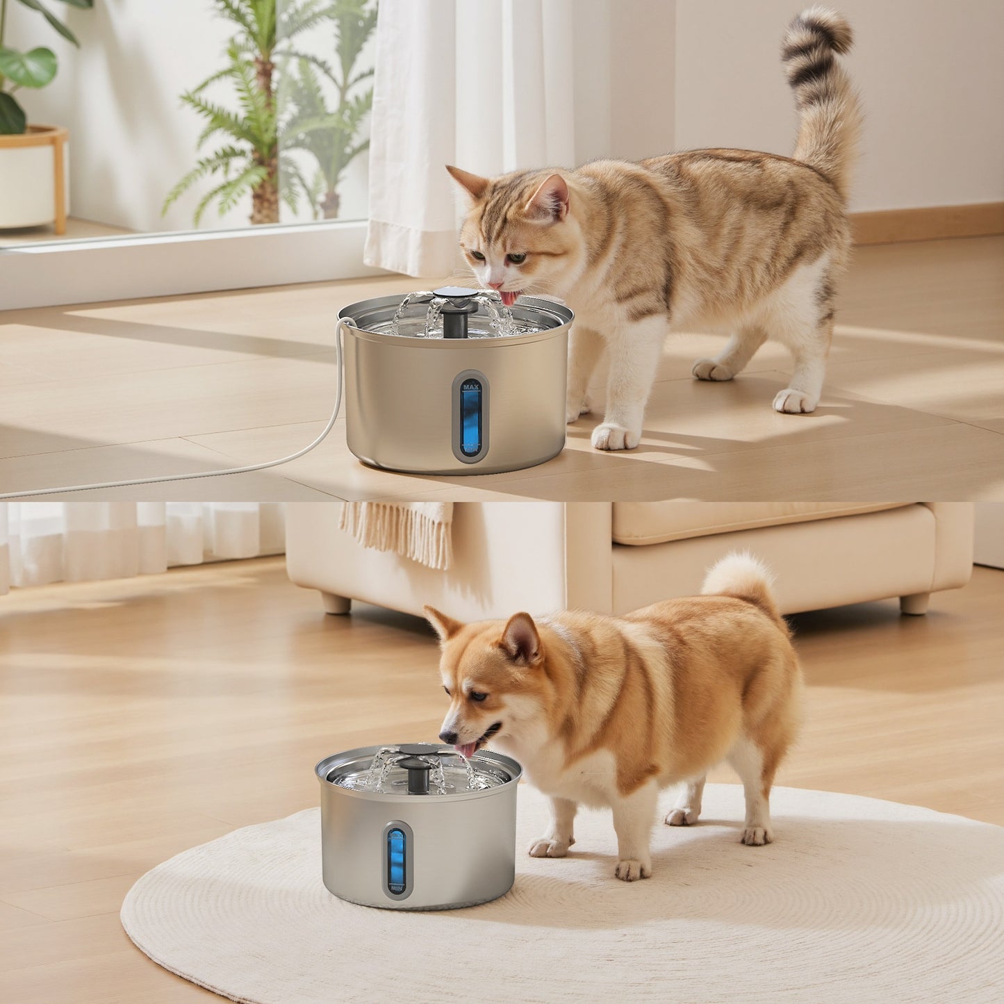 Vividorama 3.2L Stainless Steel Cat Water Fountain – Ultra-Quiet Automatic Faucet Dispenser with Water Level Window