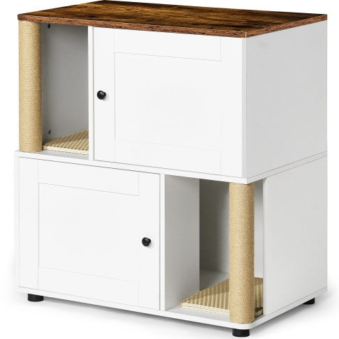 31" Double Cat Litter Box Enclosure with Scratching Posts & Shelves – White Vintage