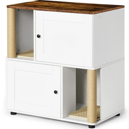 31" Double Cat Litter Box Enclosure with Scratching Posts & Shelves – White Vintage
