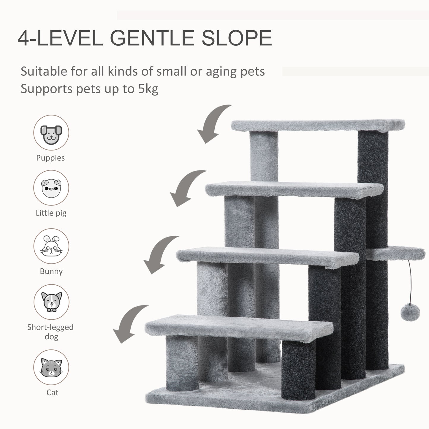 4-Step Cat Stairs Tower with Scratching Posts & Toy Ball – Light Gray & Black | PawHut