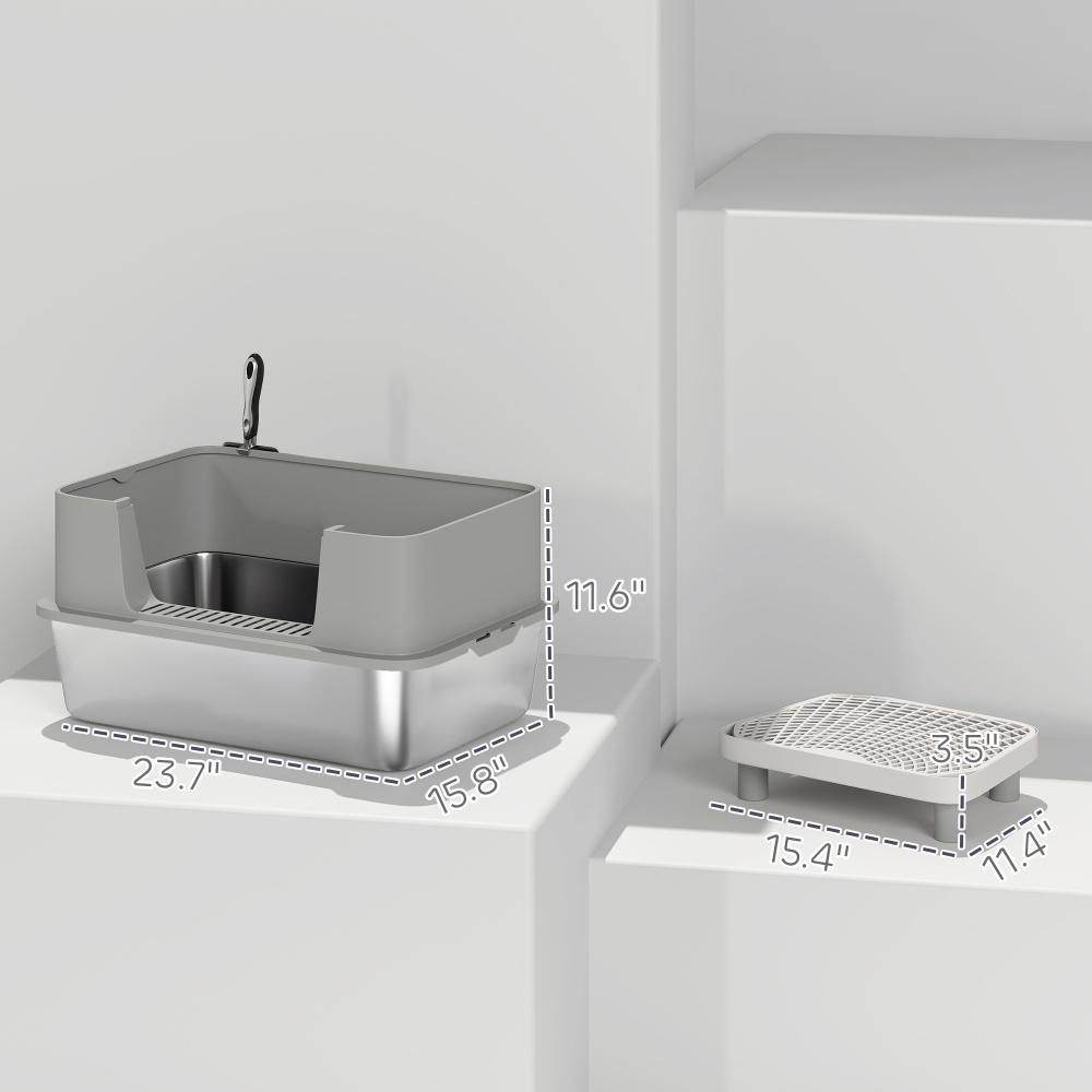 Stainless Steel Cat Litter Box with High Sides, Snap-Lock Lid & Scoop – Gray