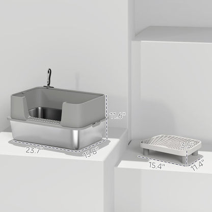Stainless Steel Cat Litter Box with High Sides, Snap-Lock Lid & Scoop – Gray
