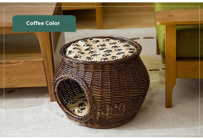 Handmade Wicker Rattan Cat House with Cushion – 2 Sizes & 4 Natural Colors