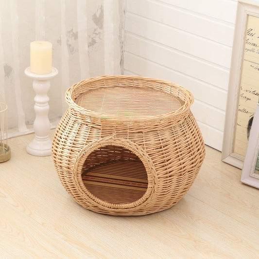 Handmade Wicker Rattan Cat House with Cushion – 2 Sizes & 4 Natural Colors