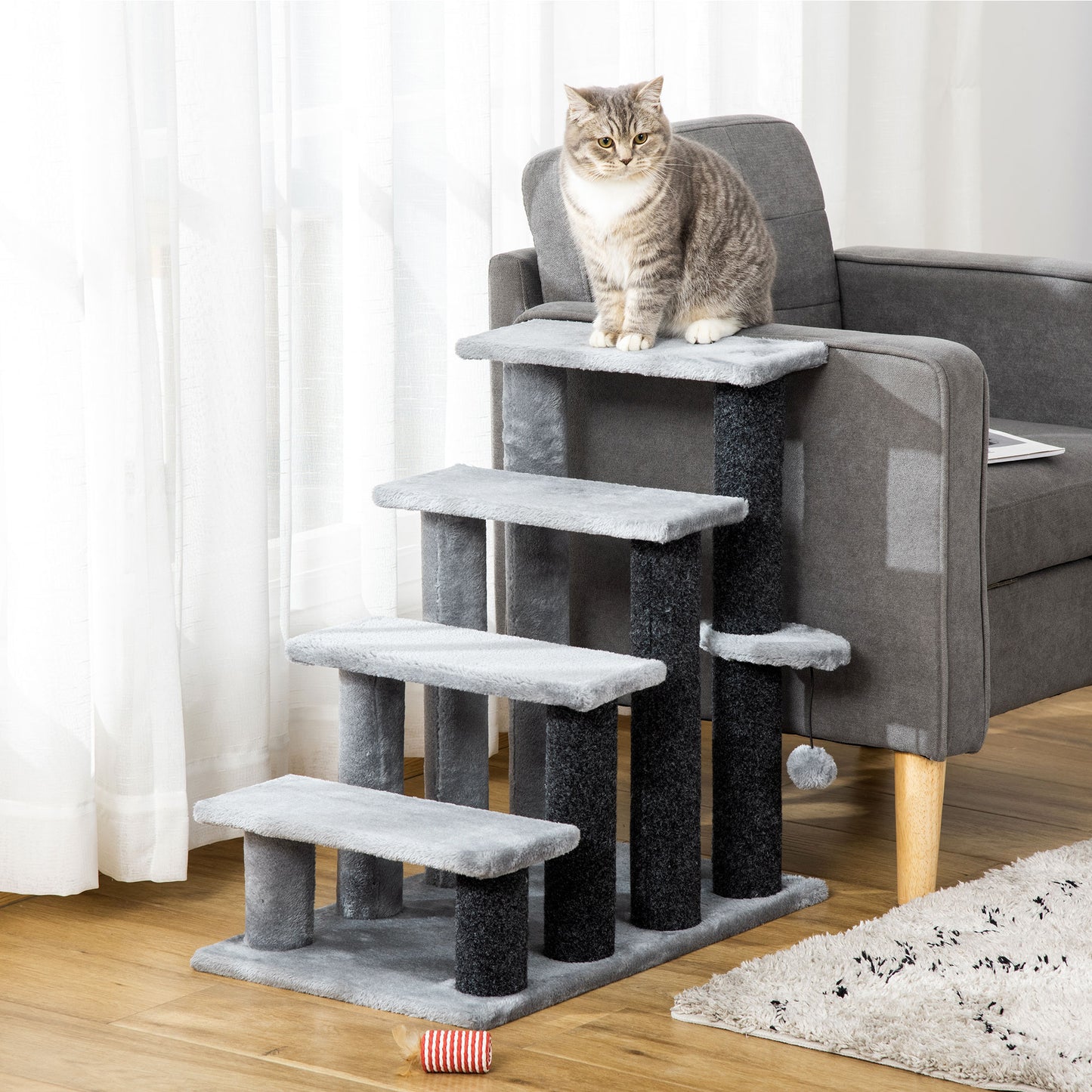 4-Step Cat Stairs Tower with Scratching Posts & Toy Ball – Light Gray & Black | PawHut